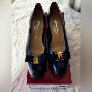 Salvatore Ferragamo Navy Flats with Gold Buckle